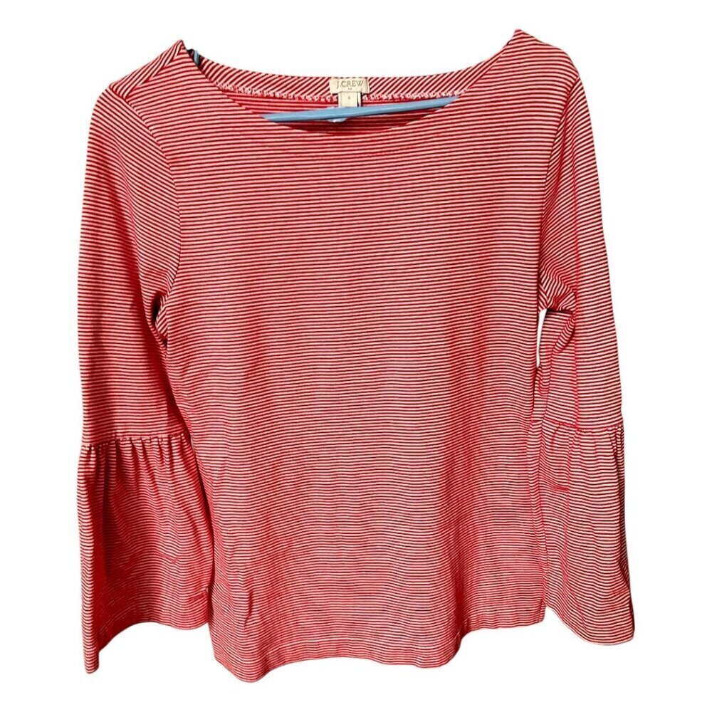 J. Crew Women's Red Orange White Stripe Boat Neck Bell Sleeves Top Size Small